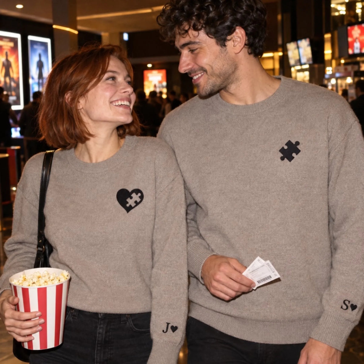 Paar im Kino in passenden Partner-Pullovern