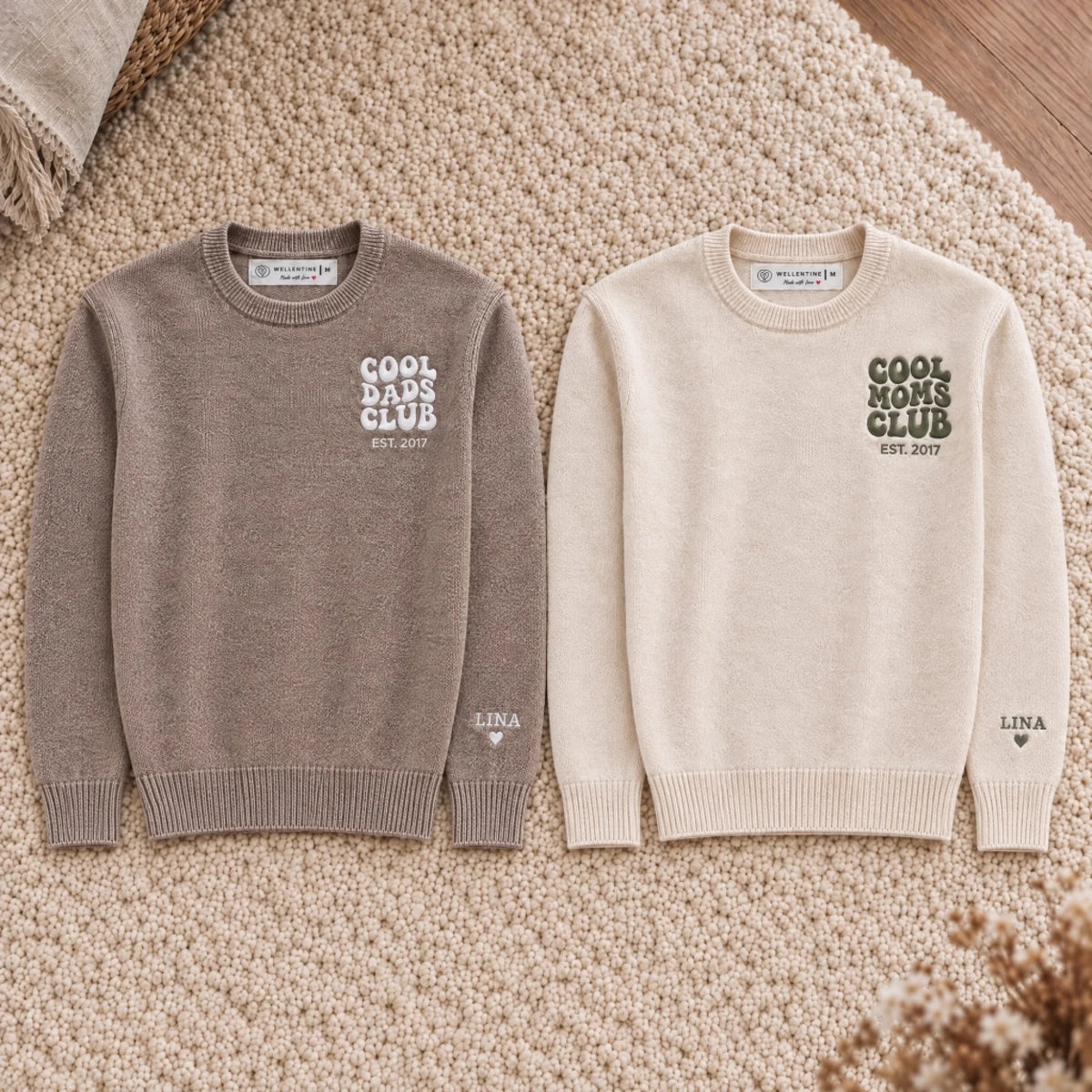 Cool Dads Club & Cool Moms Club partner sweater bundle with kids' names on the sleeve
