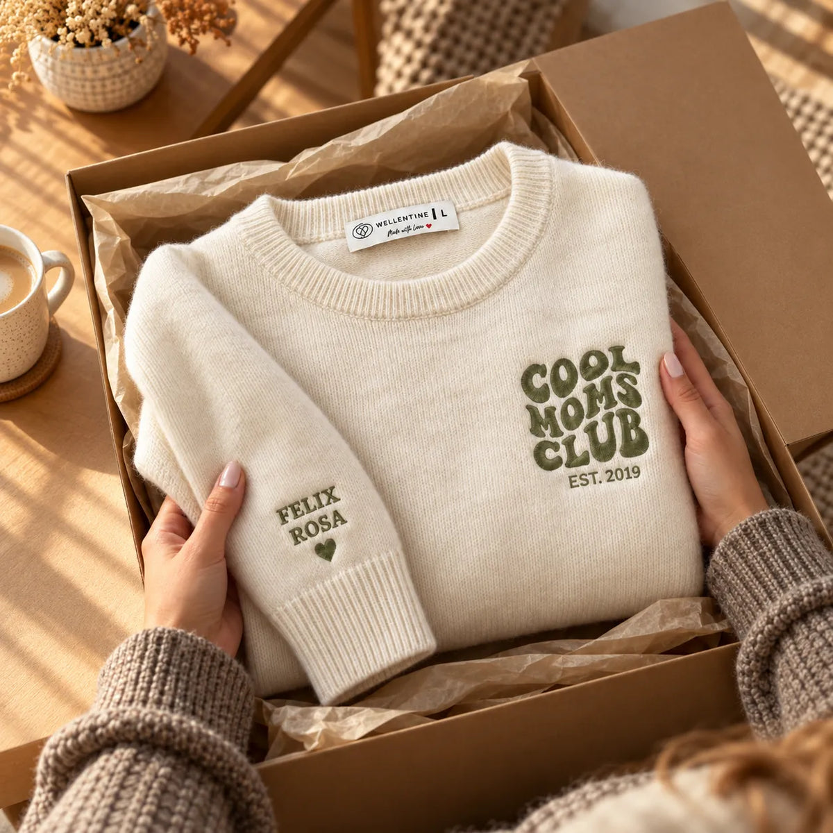 “Cool Moms Club” – Personalized 100% wool knit sweater with children's names and date