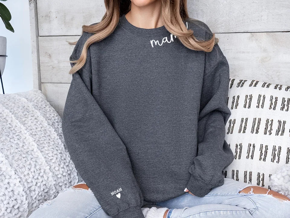 Personalized Mom Sweatshirt with Kids Name - Curved