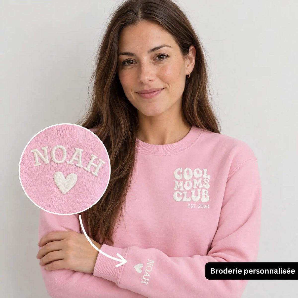 “Cool Moms Club” – Sweat-shirt personnalisé brodé avec les prénoms des enfants et la date