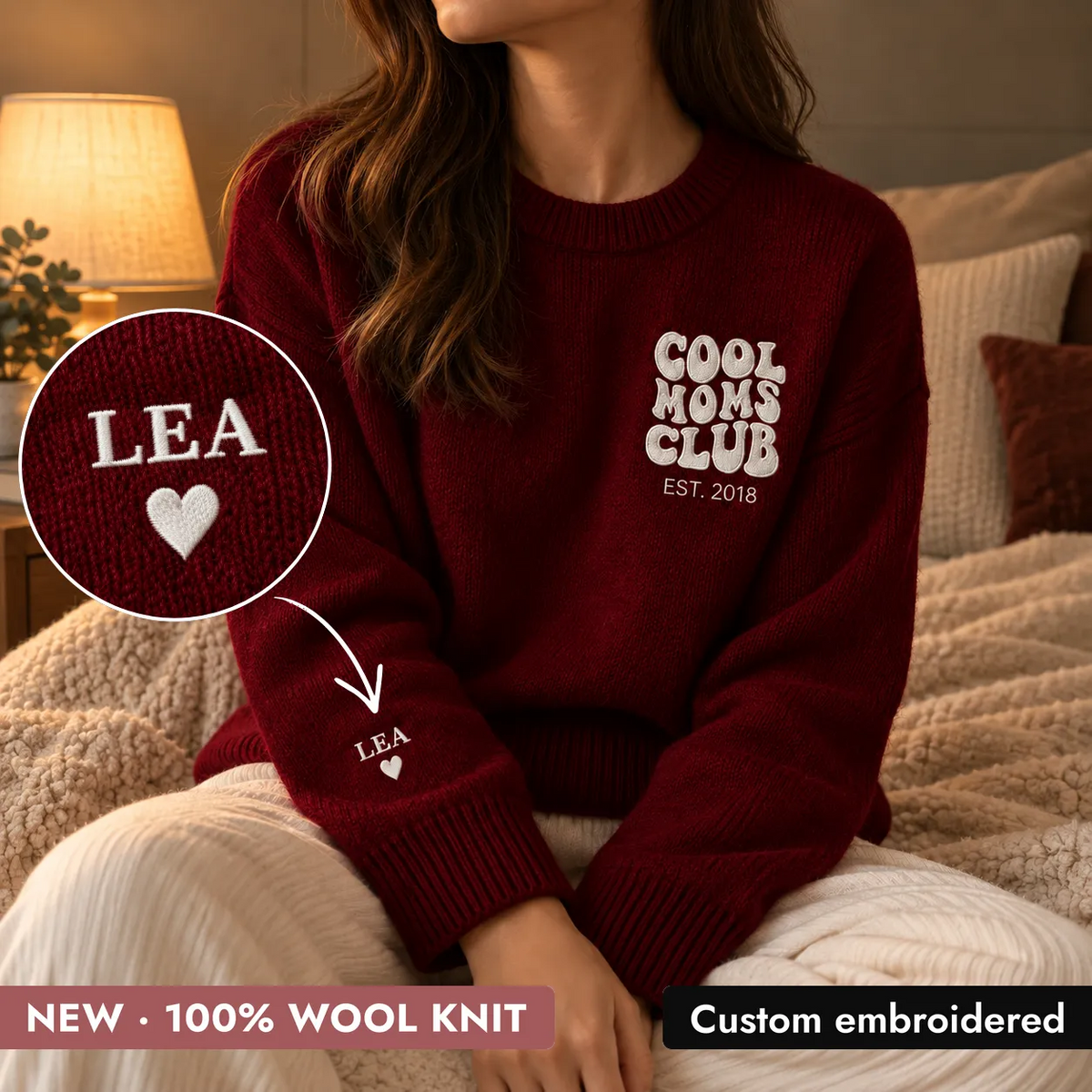 “Cool Moms Club” – Personalized 100% wool knit sweater with children's names and date