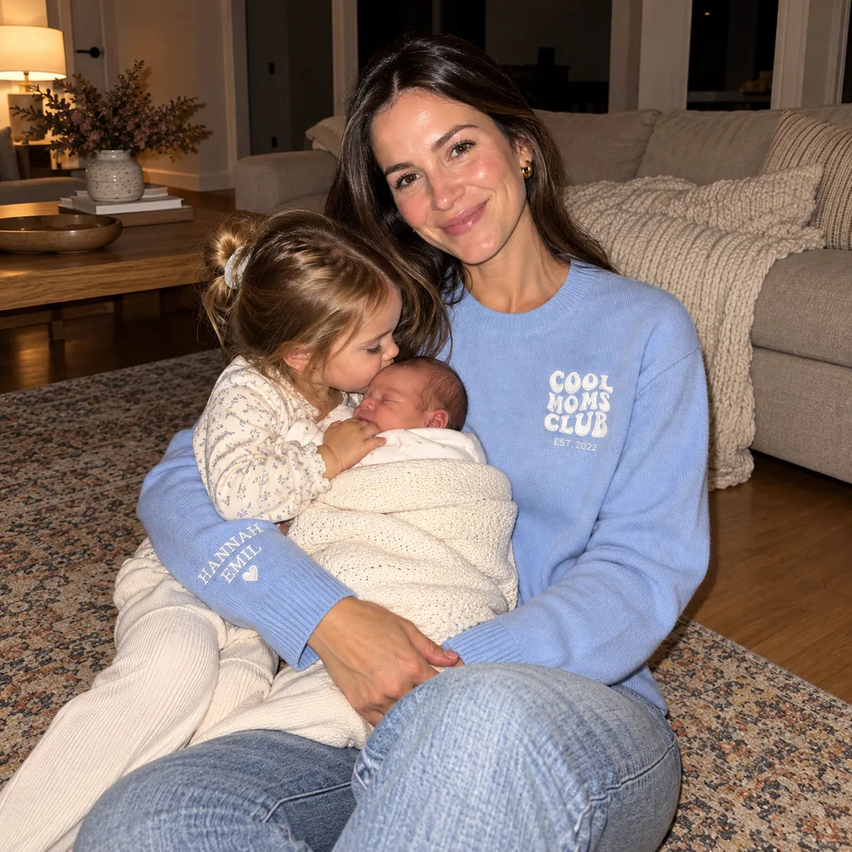 “Cool Moms Club” – Personalized 100% wool knit sweater with children's names and date