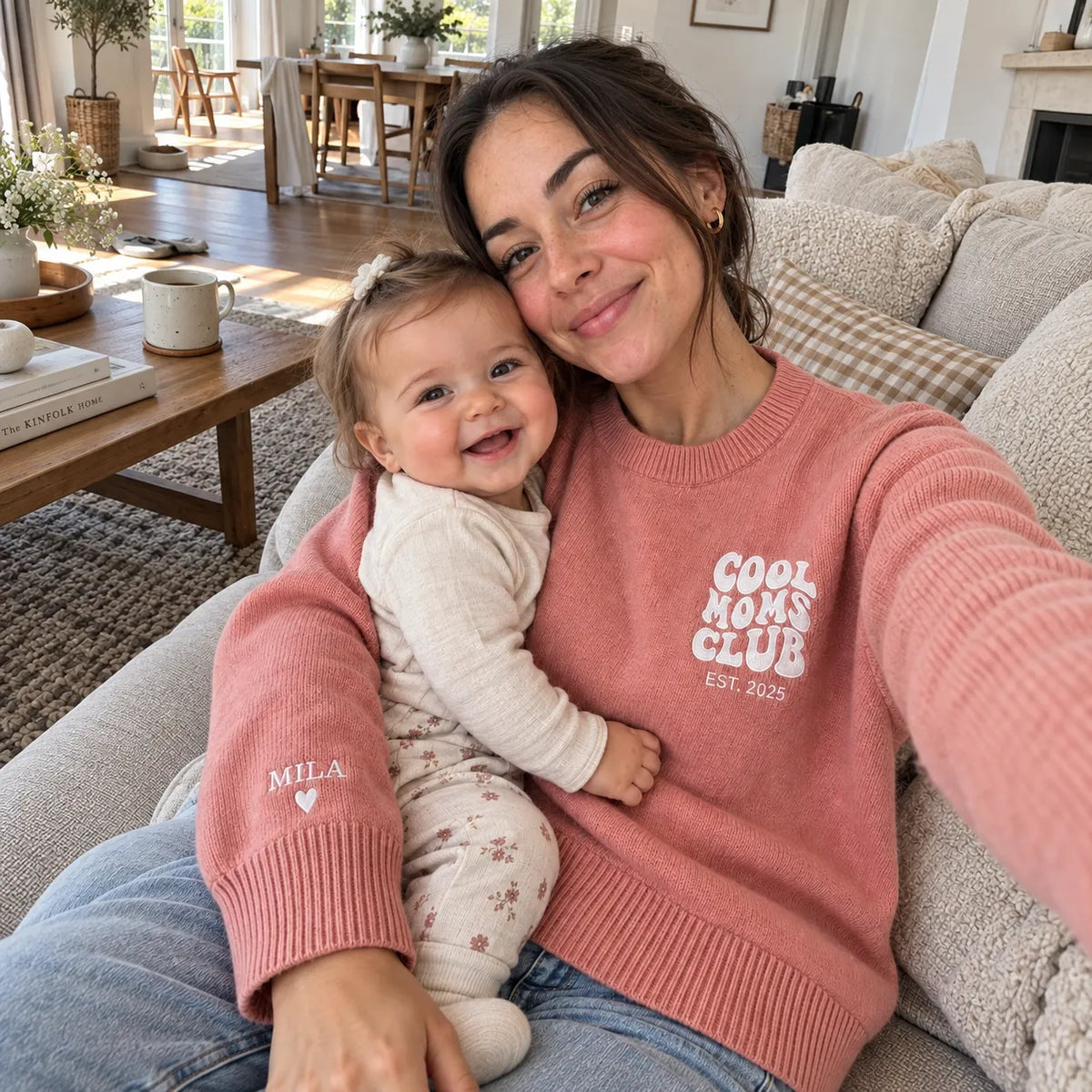 “Cool Moms Club” – Personalized 100% wool knit sweater with children's names and date