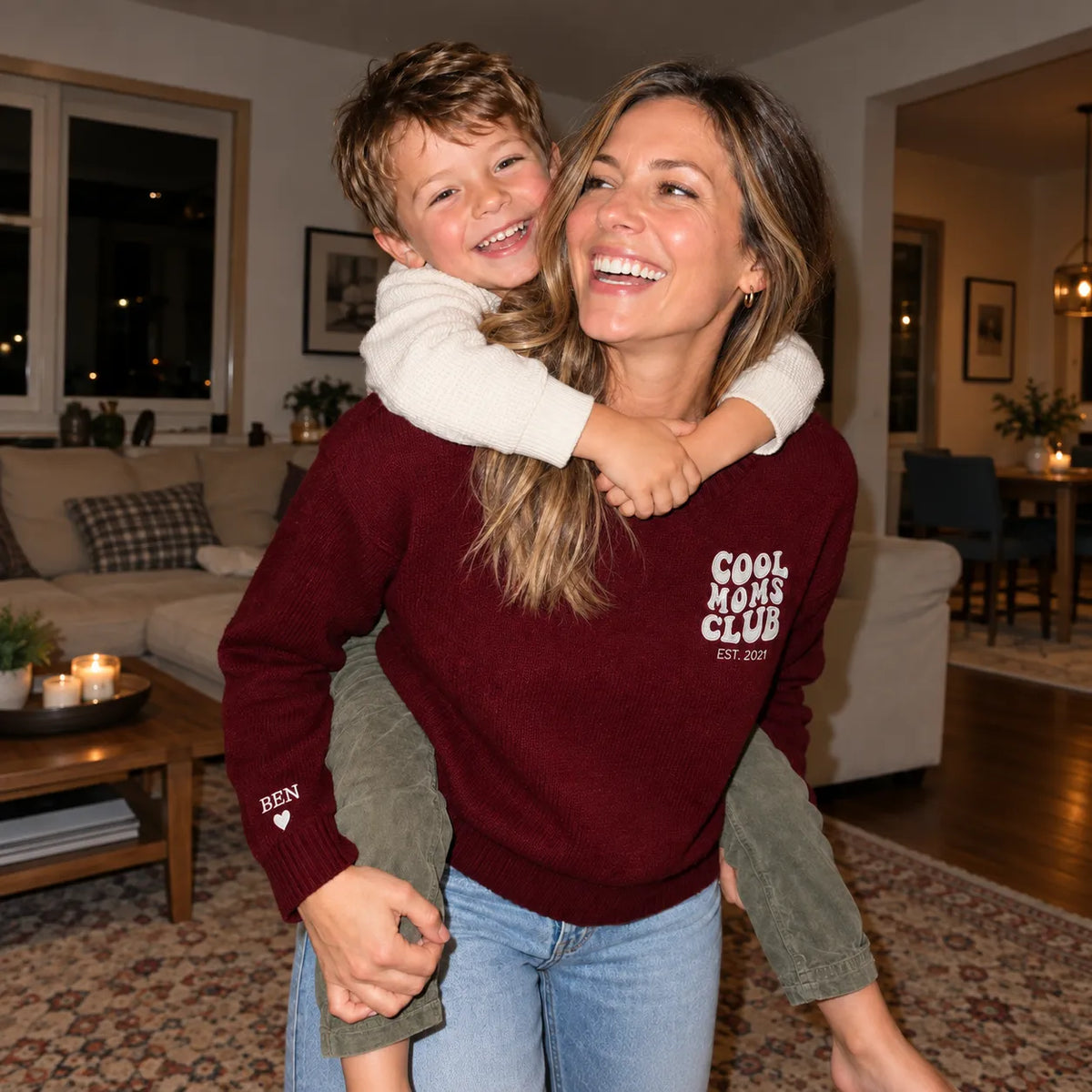 “Cool Moms Club” – Personalized 100% wool knit sweater with children's names and date