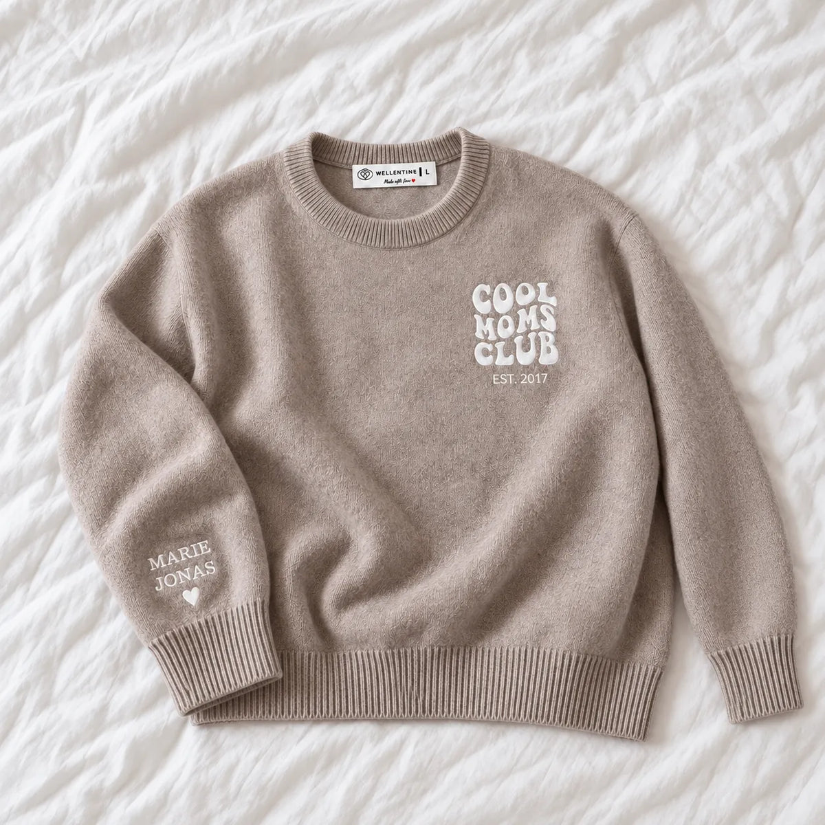 “Cool Moms Club” – Personalized 100% wool knit sweater with children's names and date