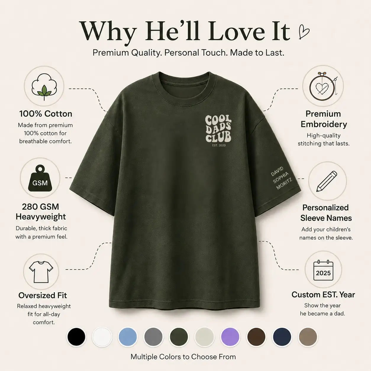“Cool Dads Club“ - Personalized Embroidered Heavy Cotton T-Shirt with Children’s Names and Date