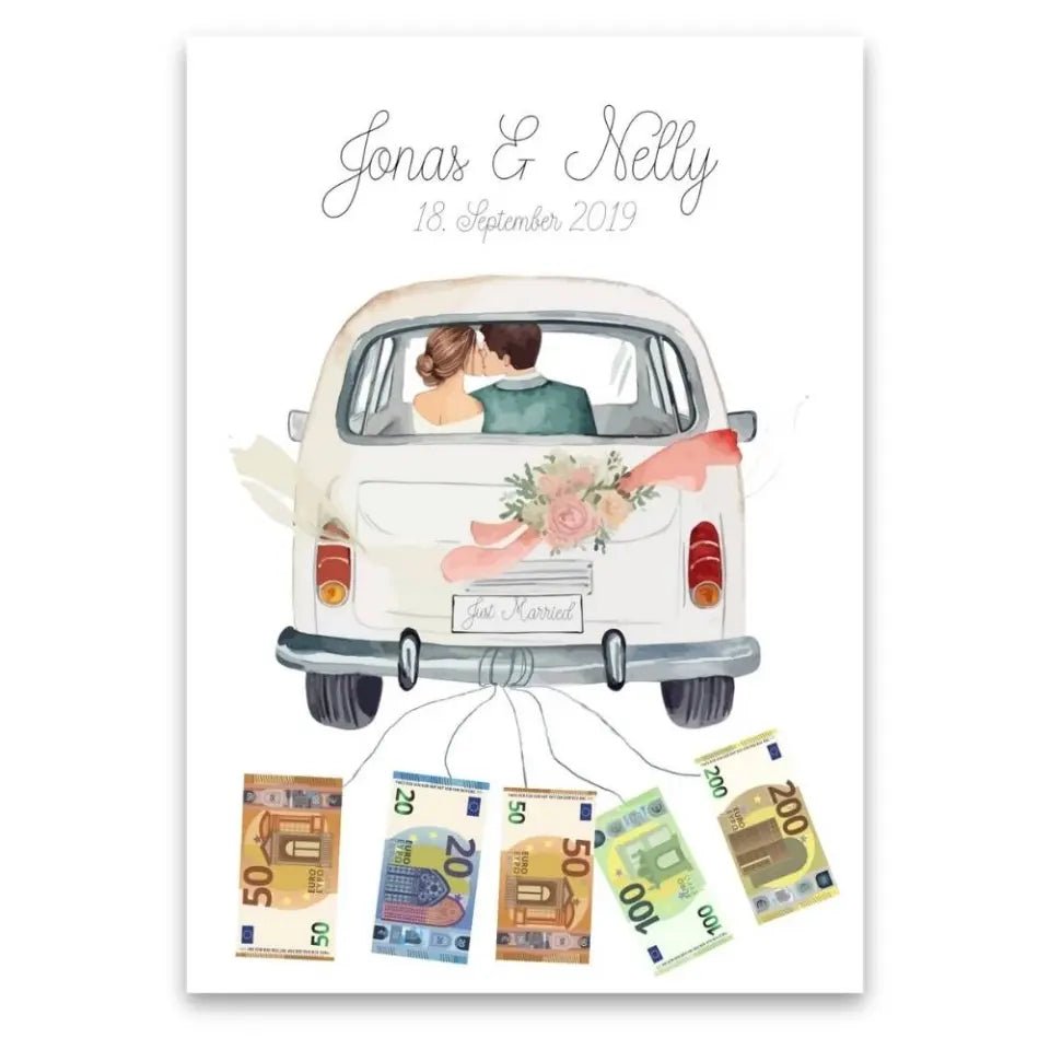 „Just Married" Poster - Personalisiertes Geldgeschenk zur Hochzeit - Wellentine.de