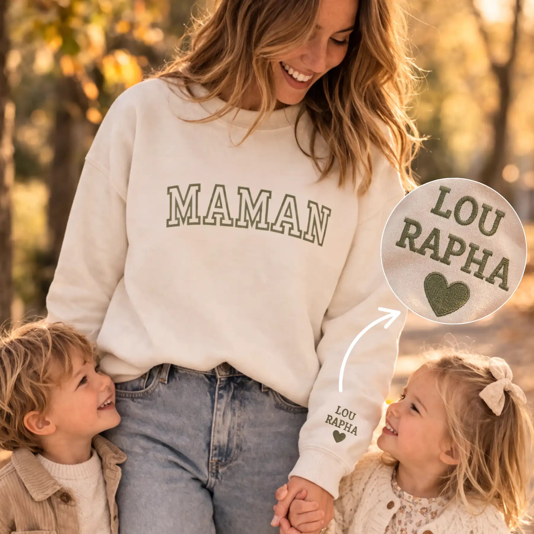 "Maman" - Sweat-shirt personnalisé brodé avec les prénoms des enfants